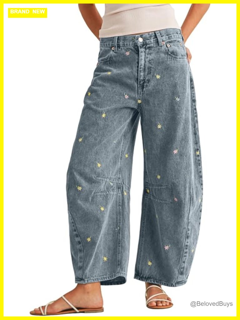 Wide Leg Barrel Jeans Embroidered Patchwork Y2k Mid Rise Crop Ankle Pants